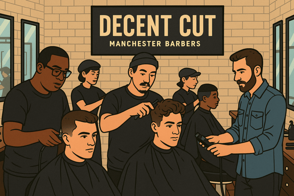 A modern barbershop in Manchester with barbers cutting clients’ hair, featuring stylish decor and large mirrors.